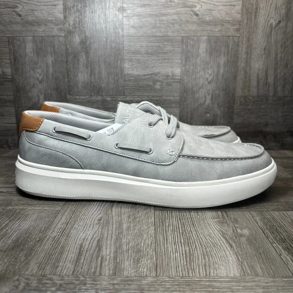 Nautica Boat Shoes Mens 13 Grey Faux Leather Nautical Casual Sneakers NEW